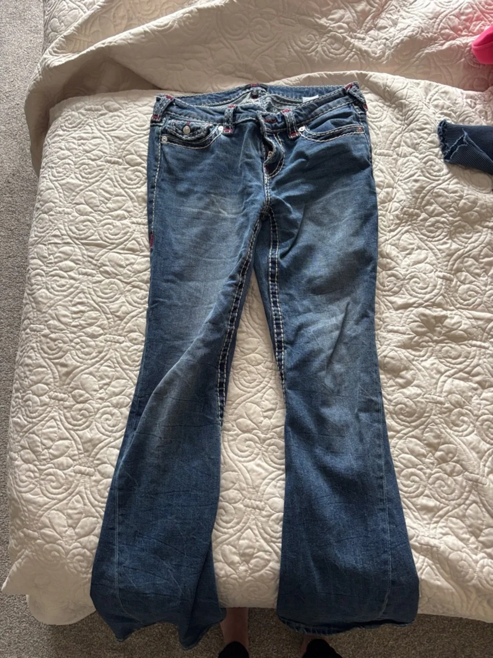 True Religion Dark Blue Flared Jeans with Contrast Stitching - Picture 2 of 8